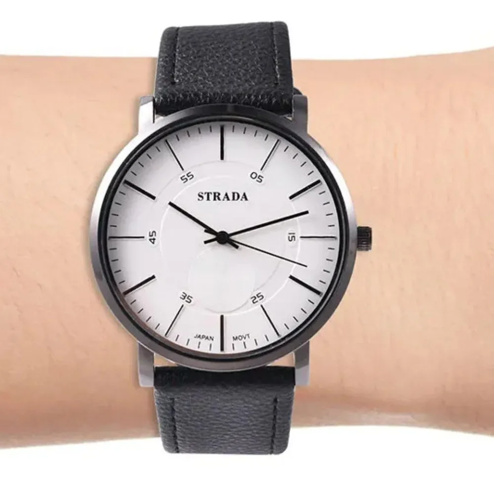 STRADA Watch with Black Faux Leather Straps